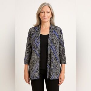 Chicos 1 Travelers Jacket Black Blue Pleated Open Cardigan Crinkle Medallion